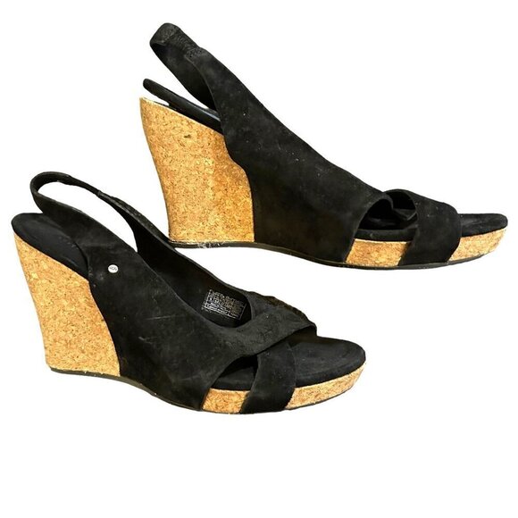 UGG Hazel Criss Cross Black Suede‎ Cork Wedge Slingback Sandals Boho Size 6 - Picture 3 of 11